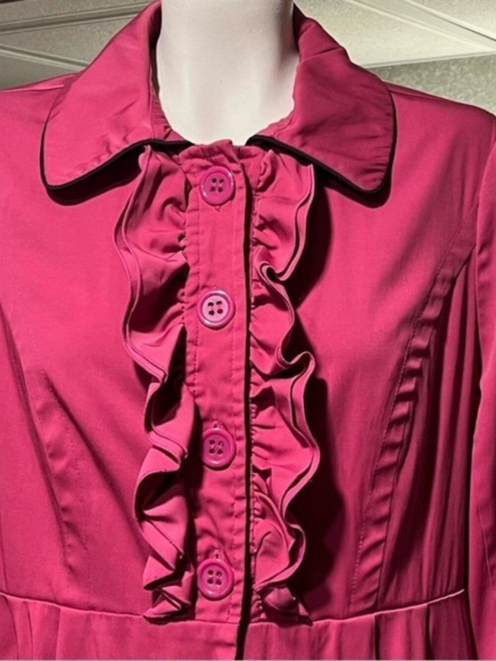 Y2K 90s Speak2Me Women's L Pink Ruffled Trench Coat Barbiecore BARBIE Black Trim
